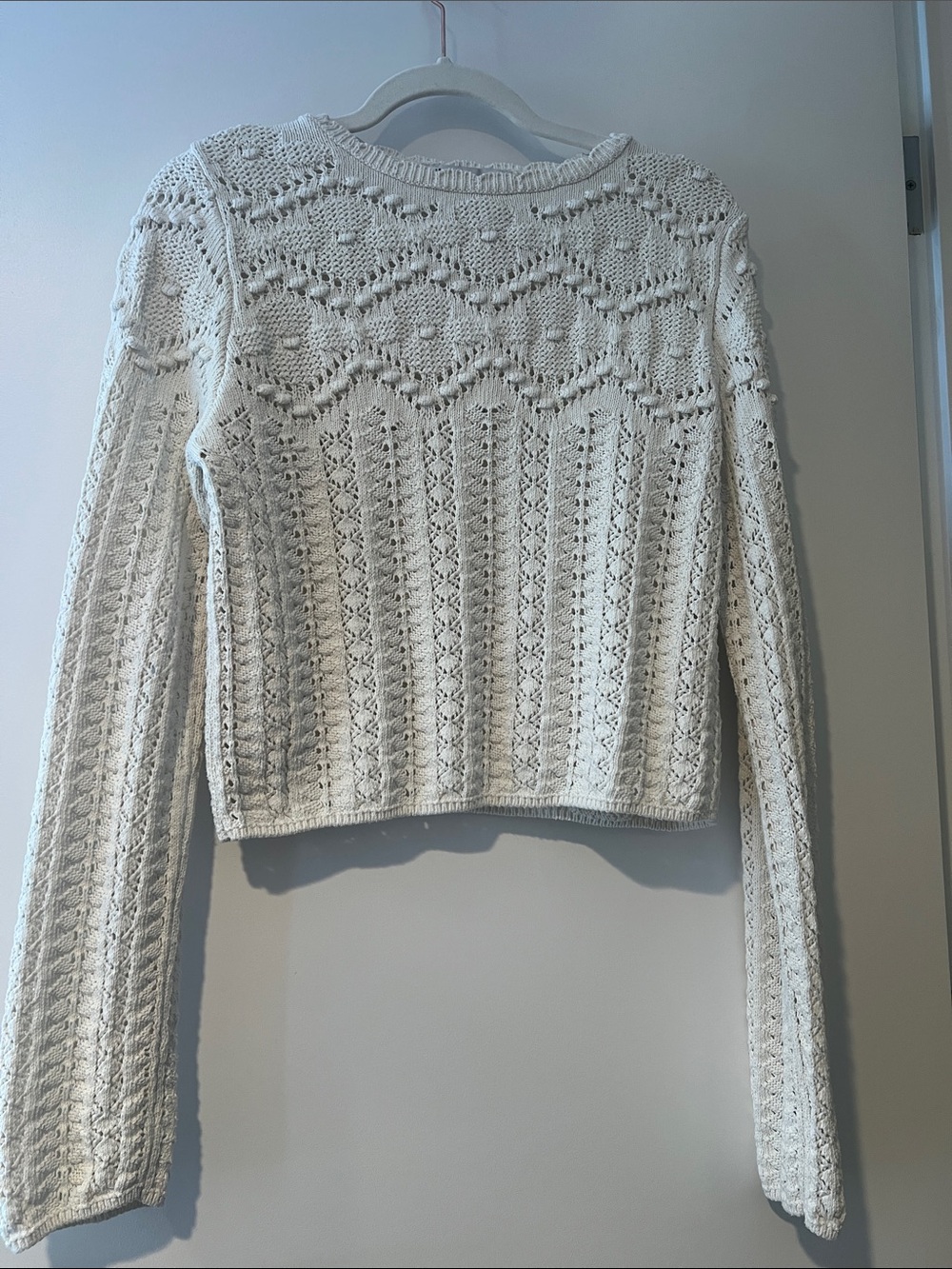 Mango Cream Openwork Knit Crewneck Sweater